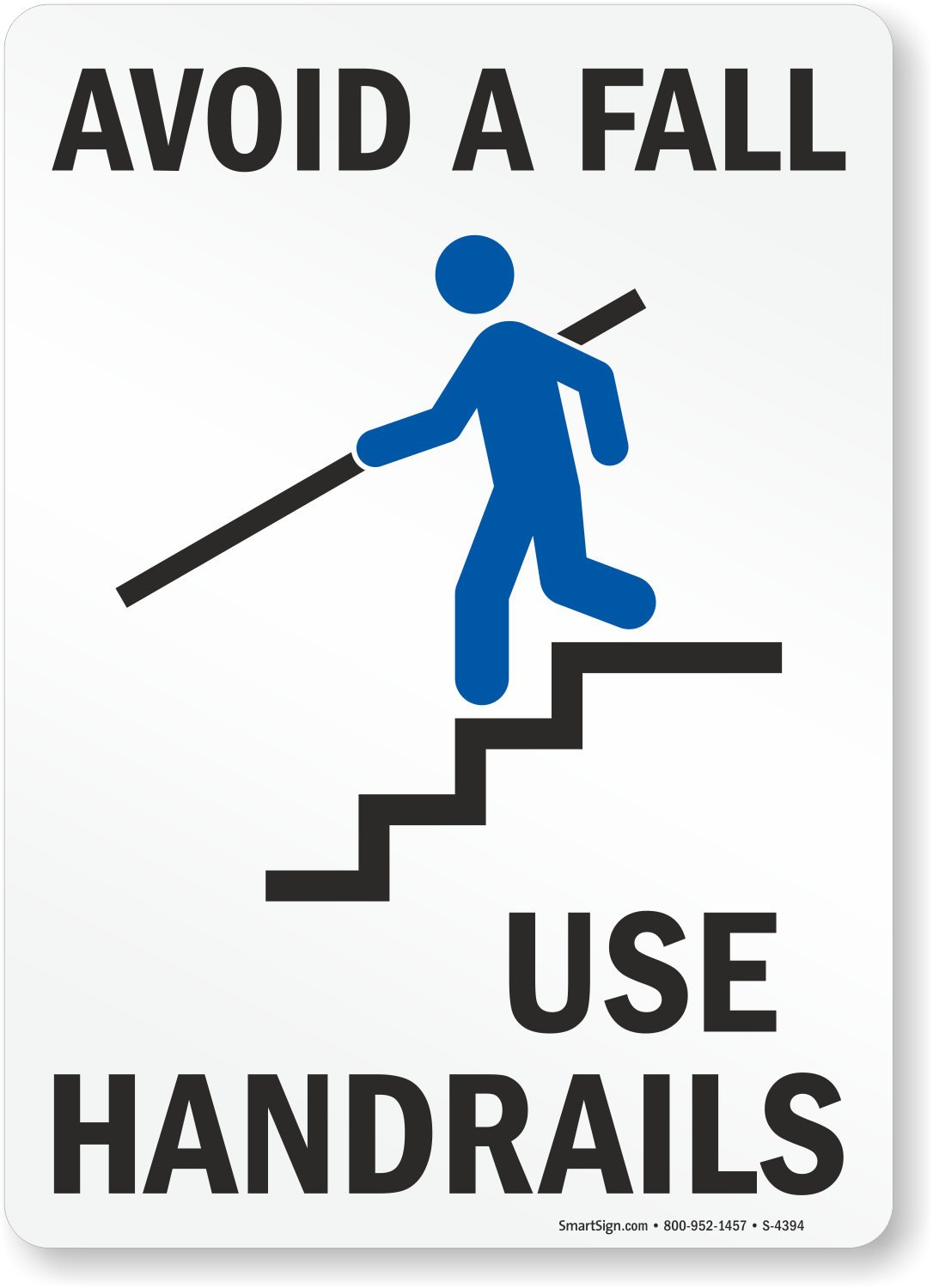 Fall used. Use Handrail sign. Avoid. Fall from Staircase sign. Signs in Stairs.