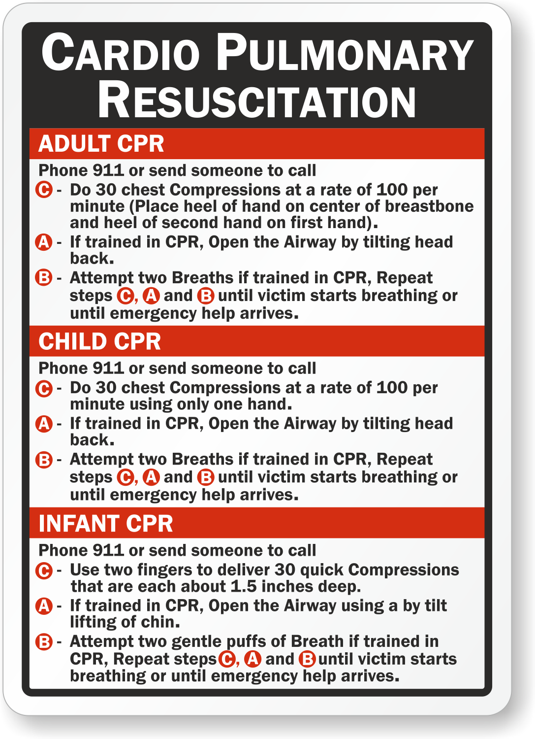 Cardio Pulmonary Resuscitation Adult Child Infant CPR Sign SKU S 