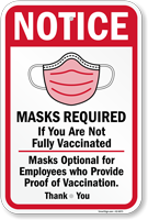 Mask Required Not Vaccinated Optional For Employees Sign