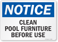 Notice Clean Pool Furniture Before Use Sign