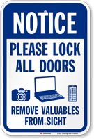 Lock All Doors Remove Valuables From Sight Sign