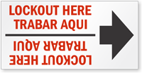 Lockout Here Bilingual Arrow Label