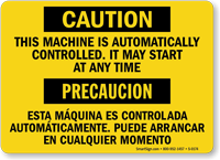 Caution Equipment Automatically Starts Bilingual Sign
