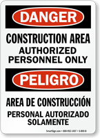 Danger Bilingual Construction Area Authorized Personnel Only Sign