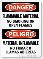 Flammable Material No Smoking Open Flames Bilingual Sign