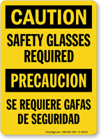 Bilingual Caution Safety Glasses Required Sign