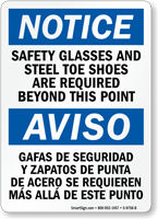 Bilingual Safety Glasses, Steel Toe Shoes Required Sign