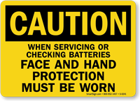 Caution Batteries Face Hand Protection Sign