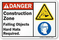 Construction Zone Falling Objects Hard Hats Required Sign