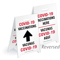 COVID 19 Vaccinations Bilingual with Up Arrow Sign