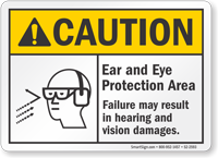 Ear And Eye Protection Area ANSI Caution Sign