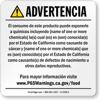 Custom Food Exposure Spanish Prop 65 Sign