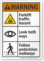 Forklift Traffic Hazard Look Both Ways ANSI Warning Sign