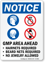 GMP Area Ahead Hairnets Beard Nets Required Sign