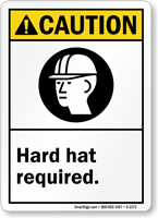 Caution Hard Hat Required Sign with Graphic