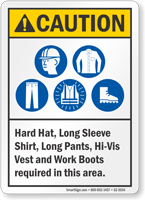Hard Hat Long Shirt Pants Vest Boots Required Sign