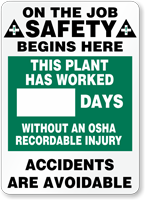 Job Safety Days Without OSHA Injury Sign
