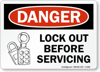 Danger Sign: Lockout Before Servicing (with lock graphic)