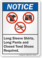 Long Sleeve Shirts Pants Toed Shoes Required Sign