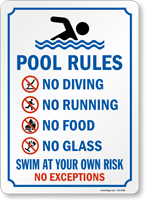 No Diving Running Swim At Your Risk Pool Rules Sign