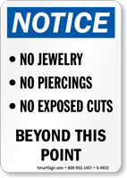 No Jewelry/Piercings Beyond This Point Sign