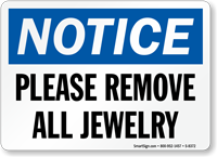 Notice Please Remove Jewelry Sign