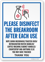 Please Disinfect The Breakroom After Each Use Sign
