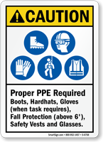 Proper PPE Required ANSI Caution Sign