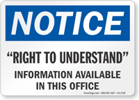 Right To Understand OSHA Notice Sign