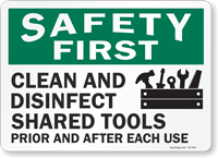 Safety First Clean And Disinfect Shared Tools Sign