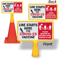 Line Starts Here for COVID-19 Vaccine Please Maintain 6ft Distance Vaccine Safety Sign
