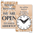 We Are Open Bilingual Be Back Clock Sign