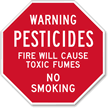 Warning Pesticides Fire cause toxic fumes Sign