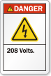 208 Volts ANSI Danger Label, Electric Shock Symbol