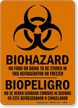 Bilingual No Food Stored In Refrigerator Biohazard Sign