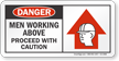 Men Working Above Proceed With Caution Danger Sign