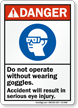 Do Not Operate Without Goggles ANSI Danger Sign