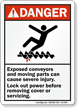 Exposed Conveyors Cause Injury Lock Out Power Sign