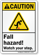 Fall Hazard, Watch Your Step ANSI Caution Sign