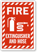 Fire Extinguisher and Hose Sign with Striped Border