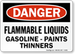 Flammable Liquids Gasoline Paints Thinners Sign