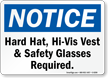 Hard Hat, Hi Vis Vest & Glasses Required Sign