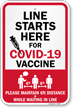 Line Starts Here for COVID-19 Vaccine Please Maintain 6ft Distance Vaccine Safety Sign