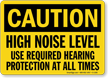 High Noise Level Hearing Protection Required Caution Sign