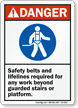 Safety Belts And Lifelines Required ANSI Danger Sign