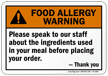 Speak To Staff About Ingredients Allergy Sign
